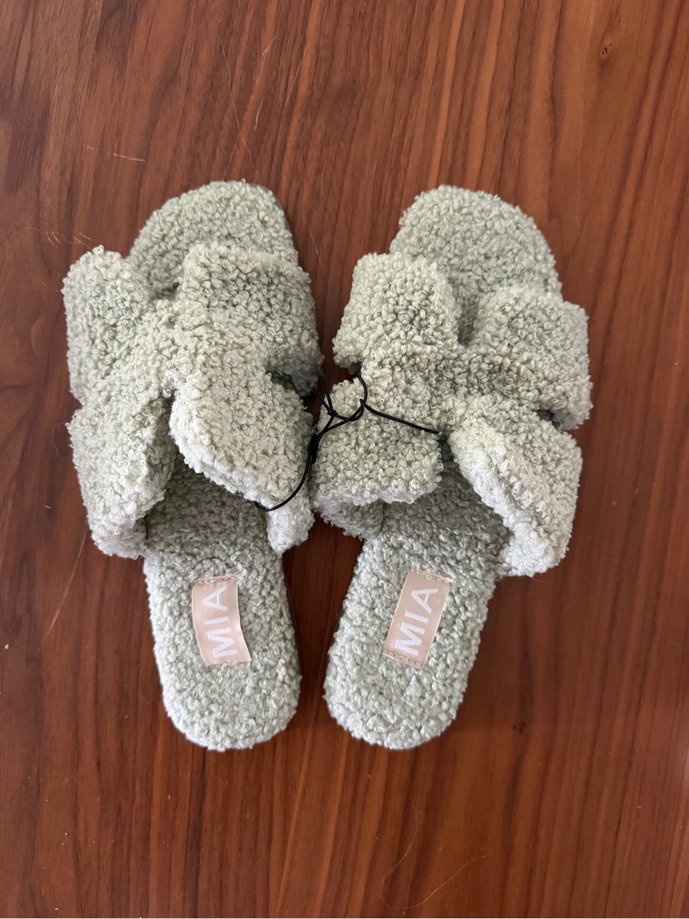 MIA Plush Bow Slide Sandals in Light Sage Green